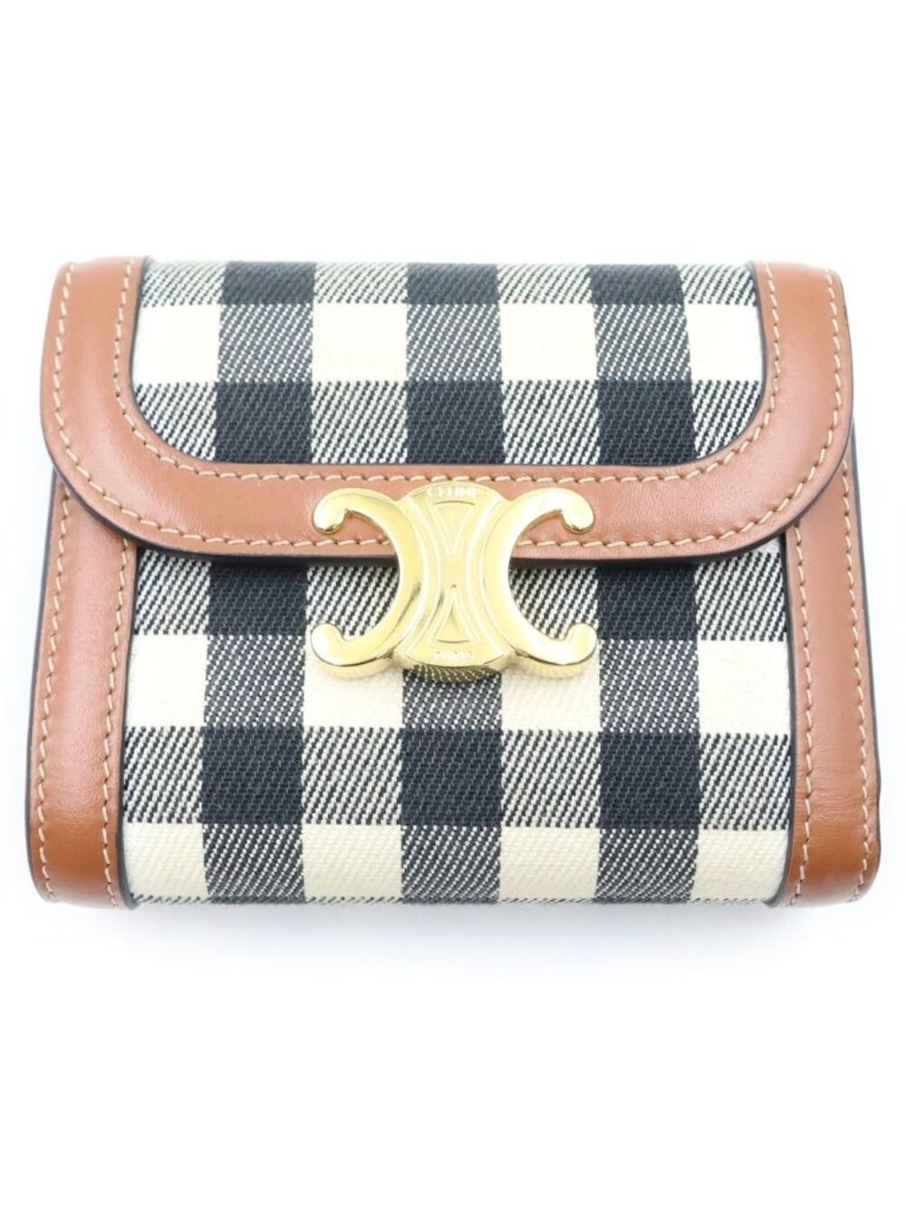 Celine Triomphe Check Trifold Wallet Compact Coin Purse Brown Ivory Leather Gold